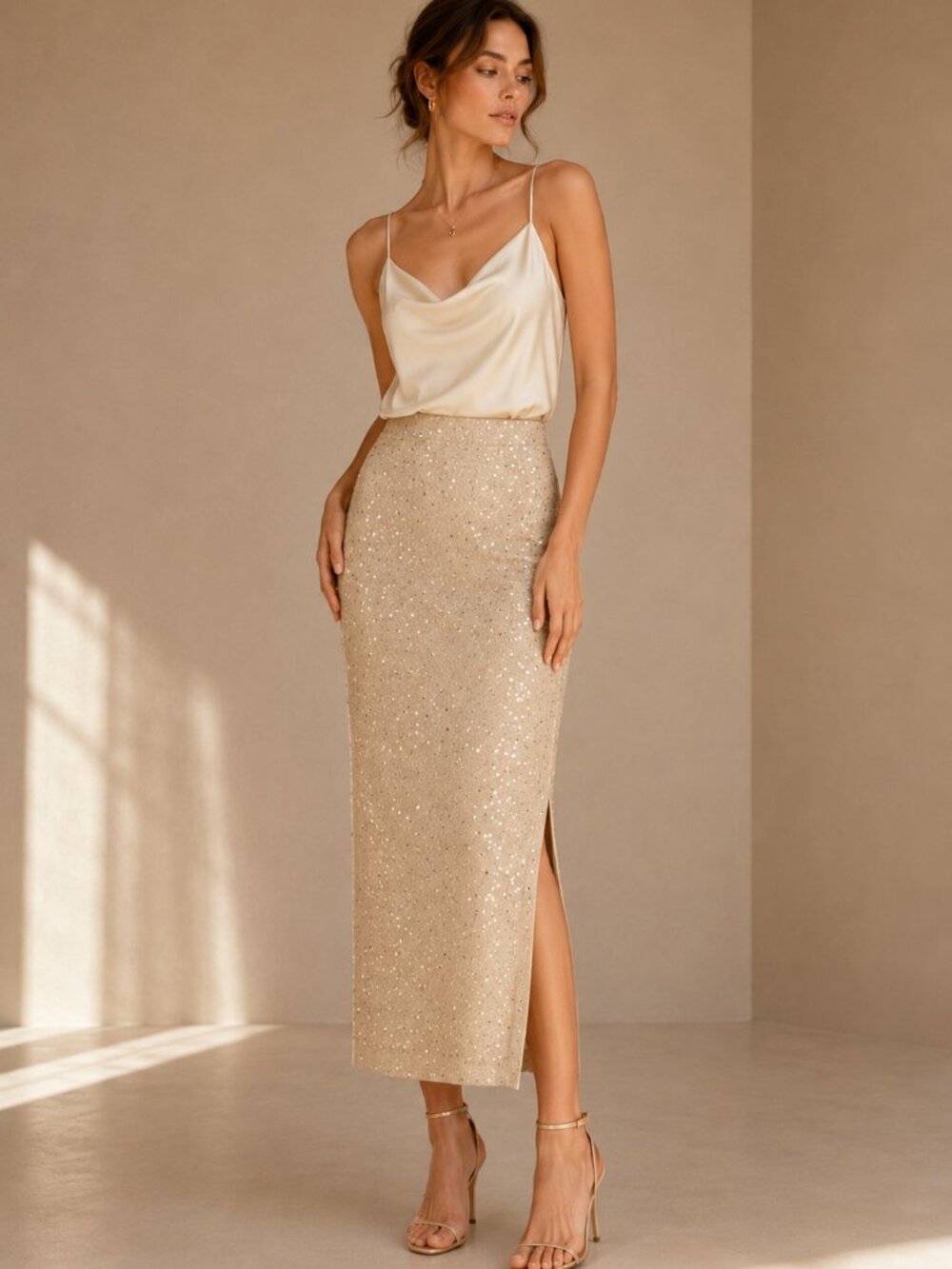 St. John Couture Santana Knit Champagne Gold Shimmer Midi Skirt Sz 4